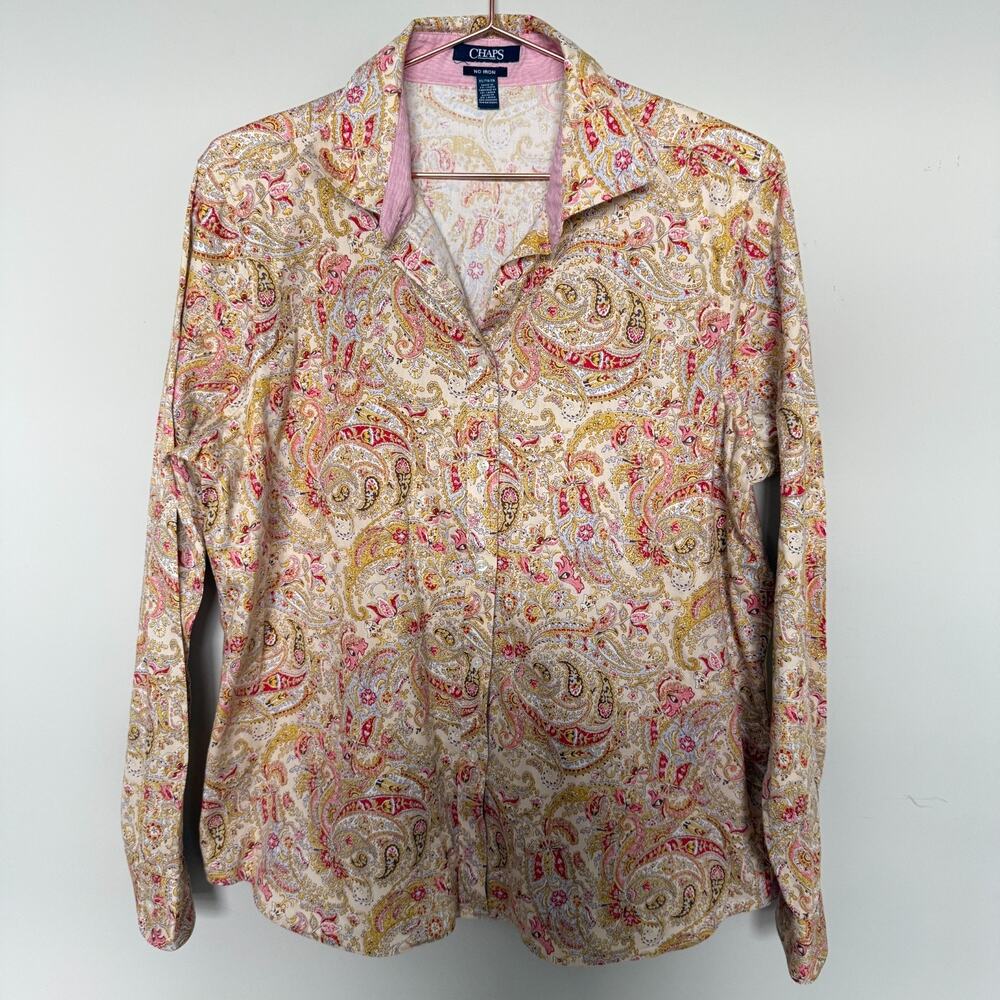 Chaps Womens No Iron Top Size XL Paisley Button Up Long Sleeve Classic Country